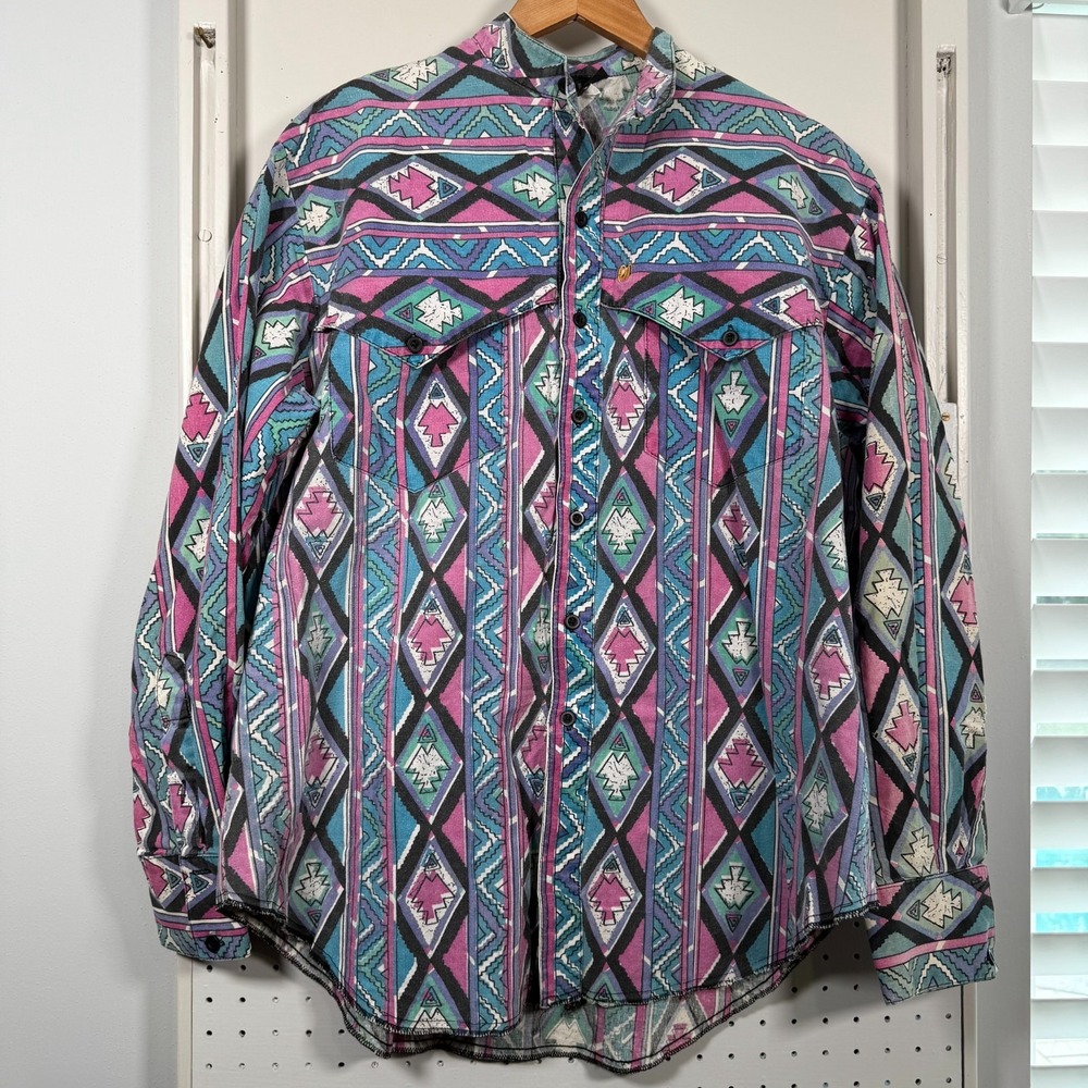 The Look Western Yoke Shirt Men's Aztec Geometric Mandarin Collar Button - Large